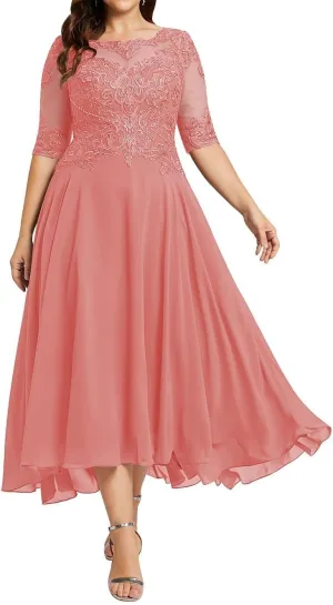 Women'sTea Length Chiffon Mother of The Bride Dresses with Sleeves Lace High Low Long Formal Evening Gowns