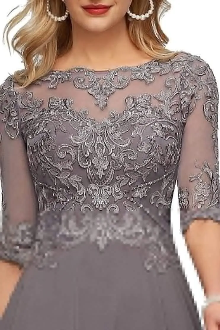 Women'sTea Length Chiffon Mother of The Bride Dresses with Sleeves Lace High Low Long Formal Evening Gowns