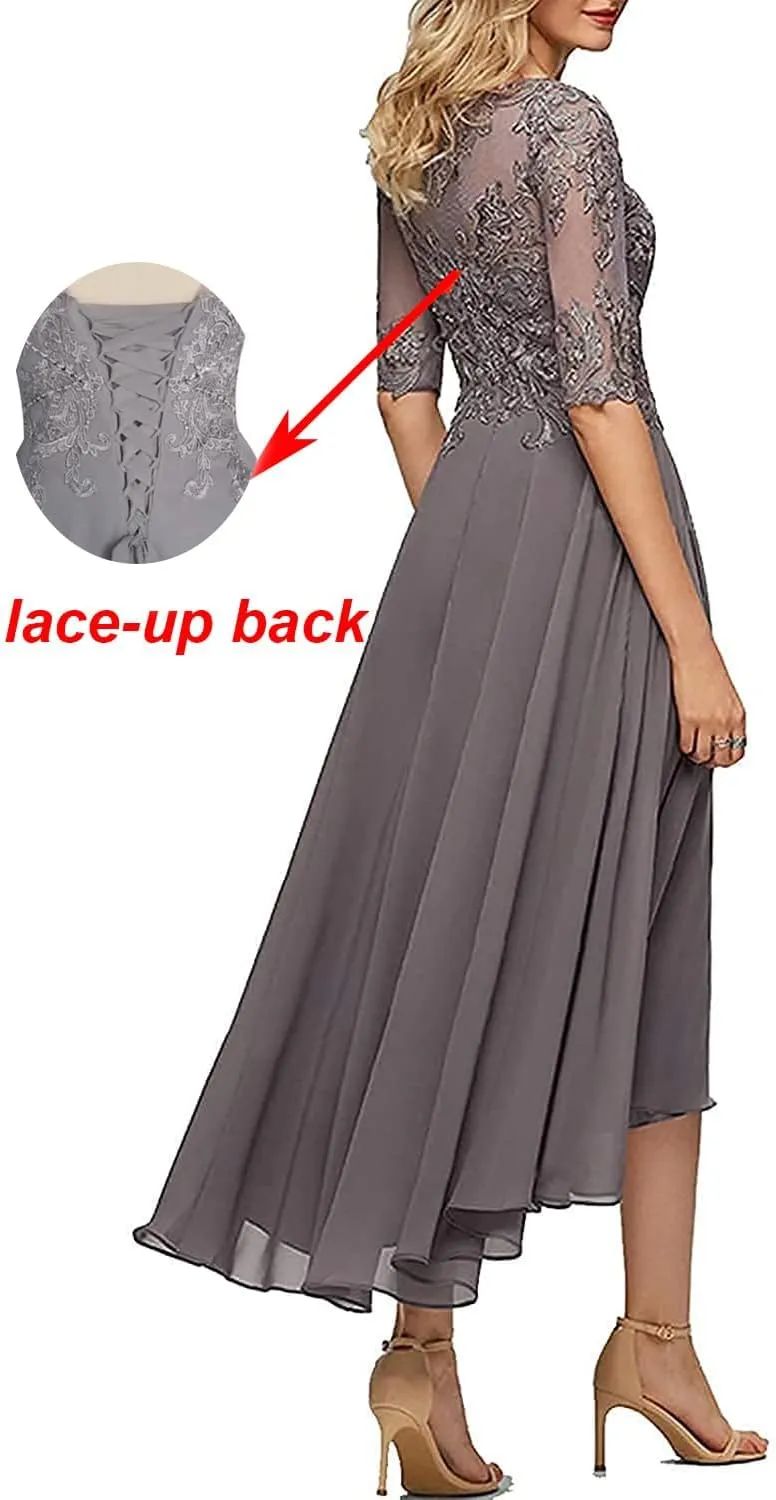 Women'sTea Length Chiffon Mother of The Bride Dresses with Sleeves Lace High Low Long Formal Evening Gowns