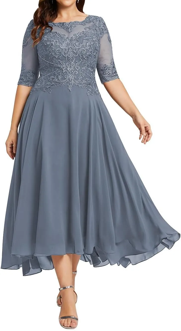 Women'sTea Length Chiffon Mother of The Bride Dresses with Sleeves Lace High Low Long Formal Evening Gowns