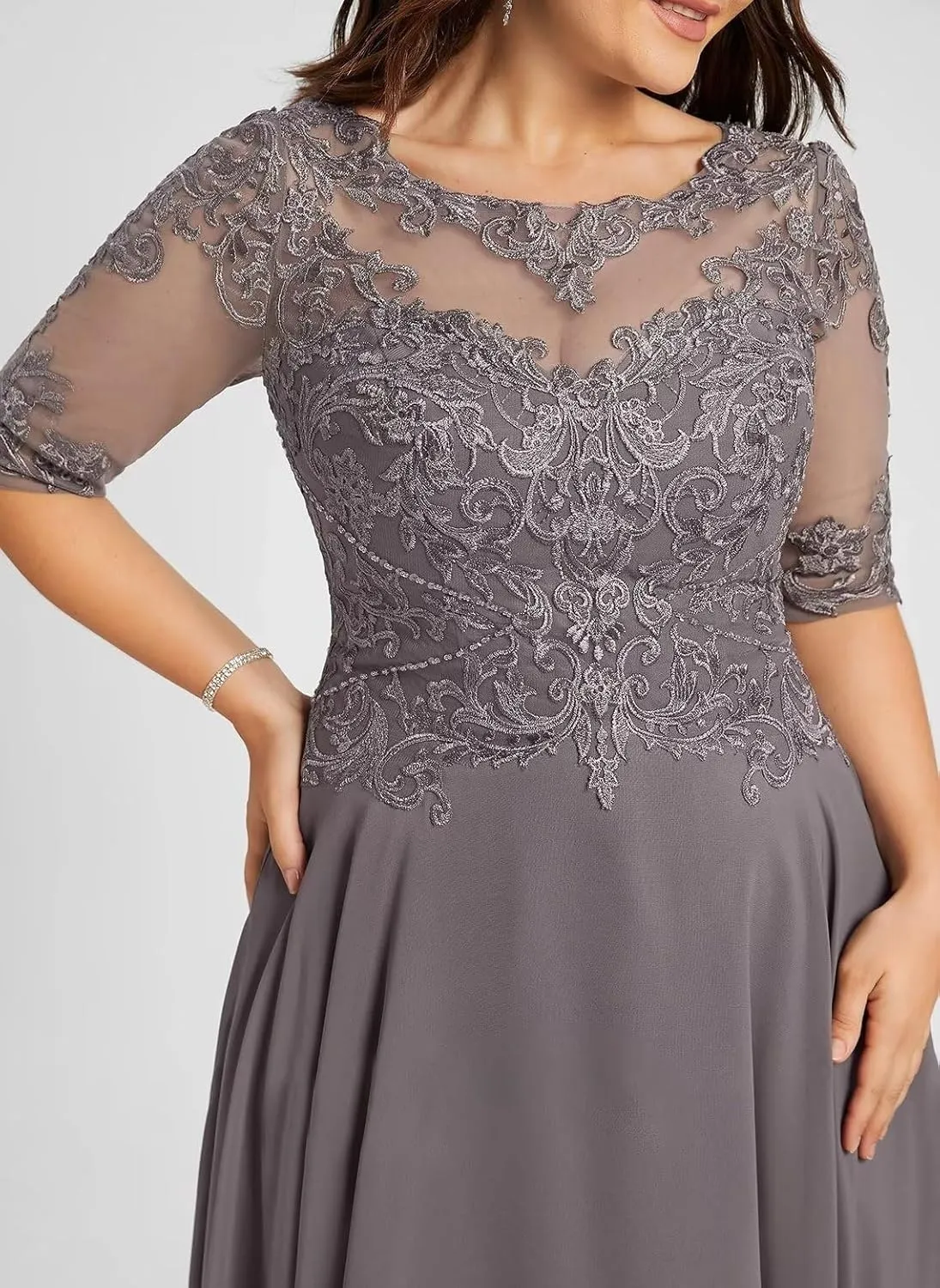Women'sTea Length Chiffon Mother of The Bride Dresses with Sleeves Lace High Low Long Formal Evening Gowns