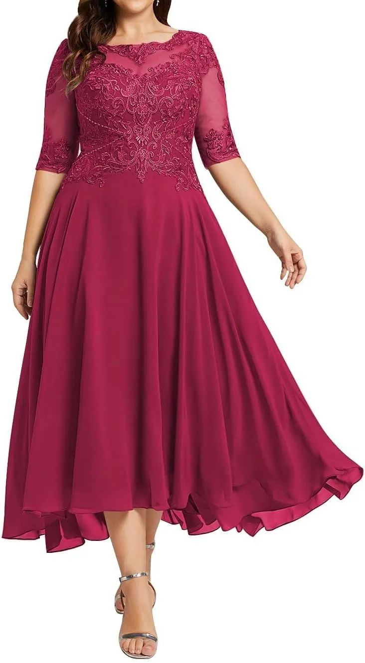 Women'sTea Length Chiffon Mother of The Bride Dresses with Sleeves Lace High Low Long Formal Evening Gowns