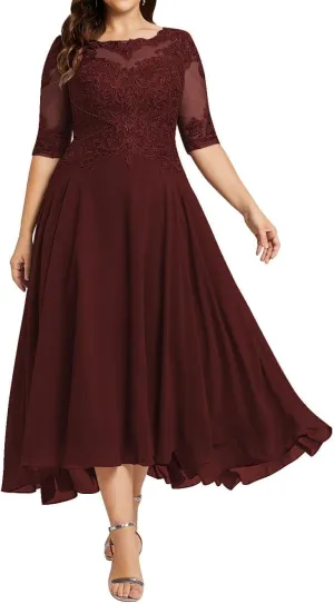 Women'sTea Length Chiffon Mother of The Bride Dresses with Sleeves Lace High Low Long Formal Evening Gowns