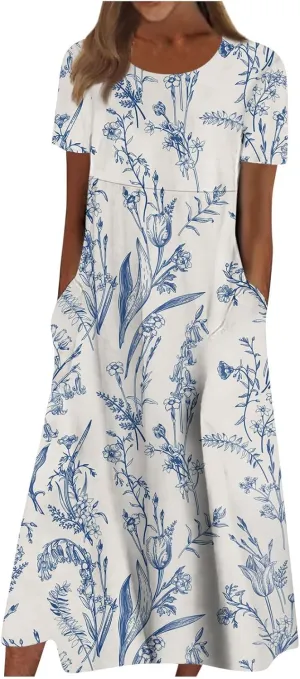 Yesunpxs Summer Dresses for Women Floral Print Loose Sundresses Short Sleeves Round Neck Beach Dress Casual Maxi Dress with