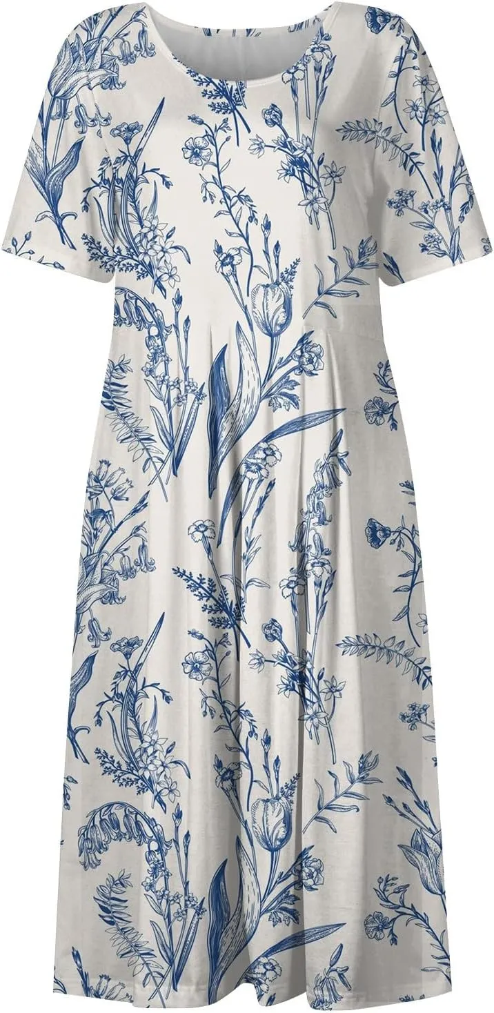 Yesunpxs Summer Dresses for Women Floral Print Loose Sundresses Short Sleeves Round Neck Beach Dress Casual Maxi Dress with