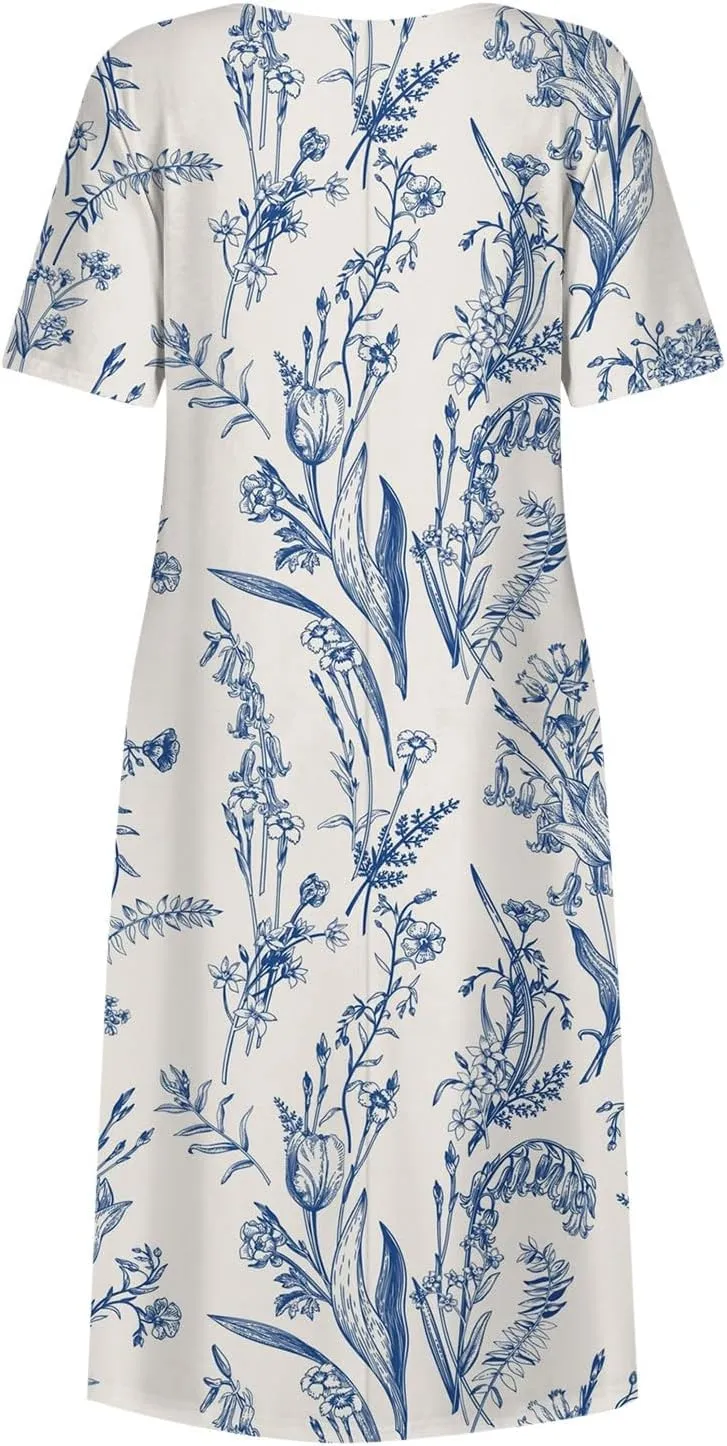 Yesunpxs Summer Dresses for Women Floral Print Loose Sundresses Short Sleeves Round Neck Beach Dress Casual Maxi Dress with