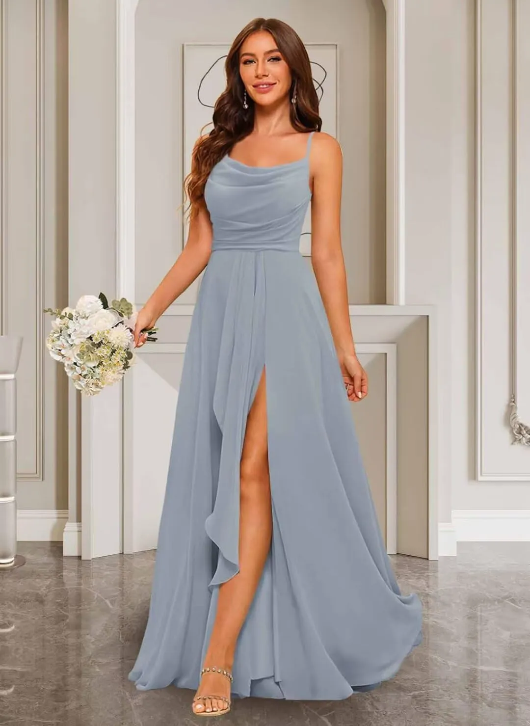 YMSHA A Line Long Chiffon Bridesmaid Dresses with Slit Spaghetti Straps Formal Party Dress YMS370