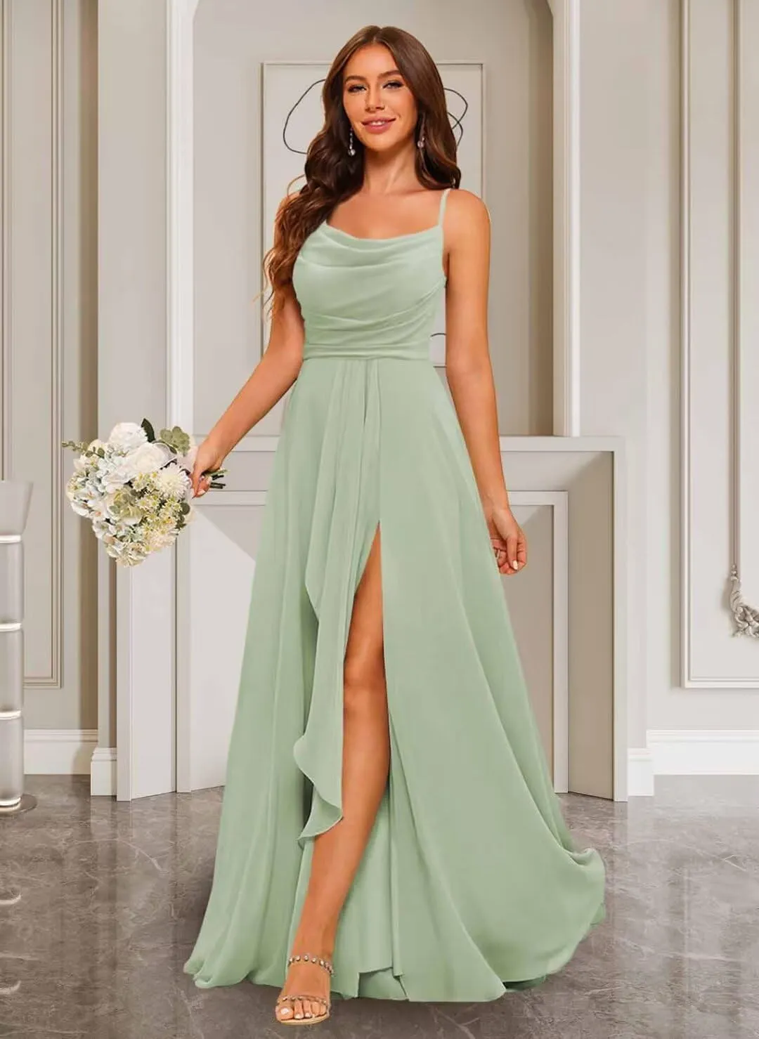 YMSHA A Line Long Chiffon Bridesmaid Dresses with Slit Spaghetti Straps Formal Party Dress YMS370