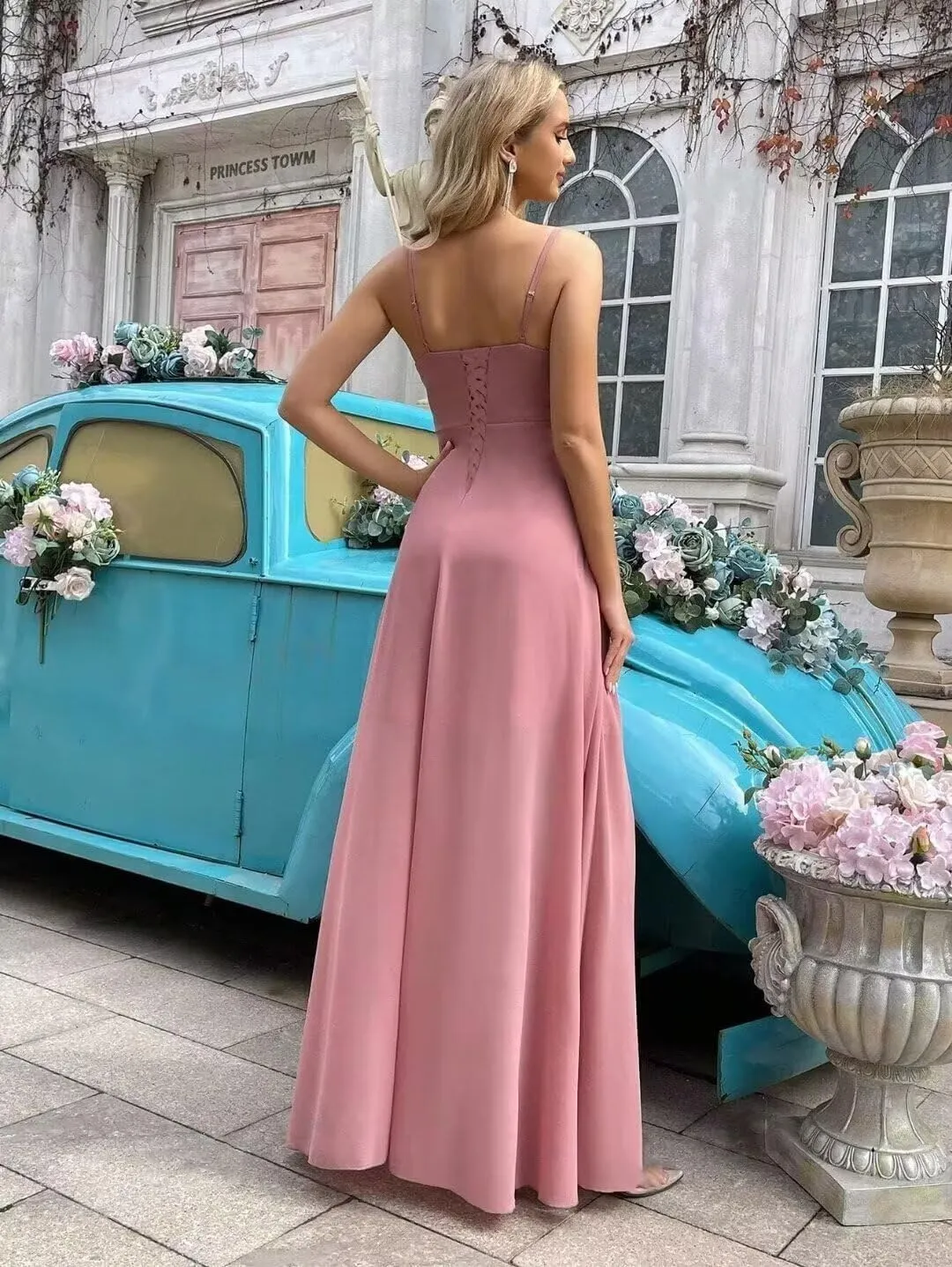 YMSHA A Line Long Chiffon Bridesmaid Dresses with Slit Spaghetti Straps Formal Party Dress YMS370
