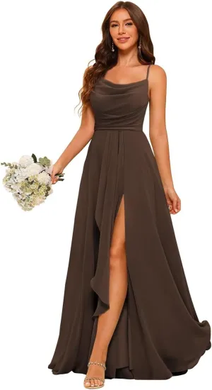 YMSHA A Line Long Chiffon Bridesmaid Dresses with Slit Spaghetti Straps Formal Party Dress YMS370