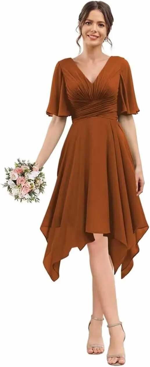 YOFF Womens Fultter Sleeves Bridesmaid Dresses Short V-Neck A-line Pleated Chiffon Formal Party Dresses YO112