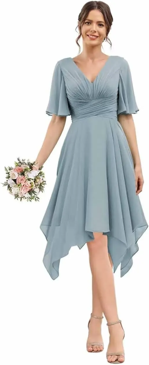 YOFF Womens Fultter Sleeves Bridesmaid Dresses Short V-Neck A-line Pleated Chiffon Formal Party Dresses YO112