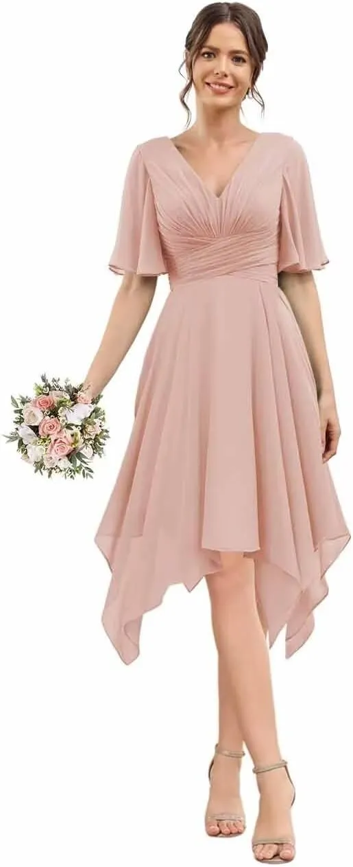 YOFF Womens Fultter Sleeves Bridesmaid Dresses Short V-Neck A-line Pleated Chiffon Formal Party Dresses YO112