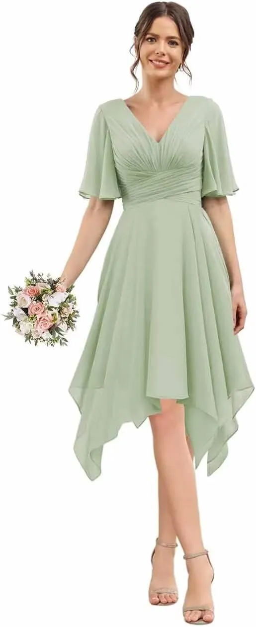 YOFF Womens Fultter Sleeves Bridesmaid Dresses Short V-Neck A-line Pleated Chiffon Formal Party Dresses YO112
