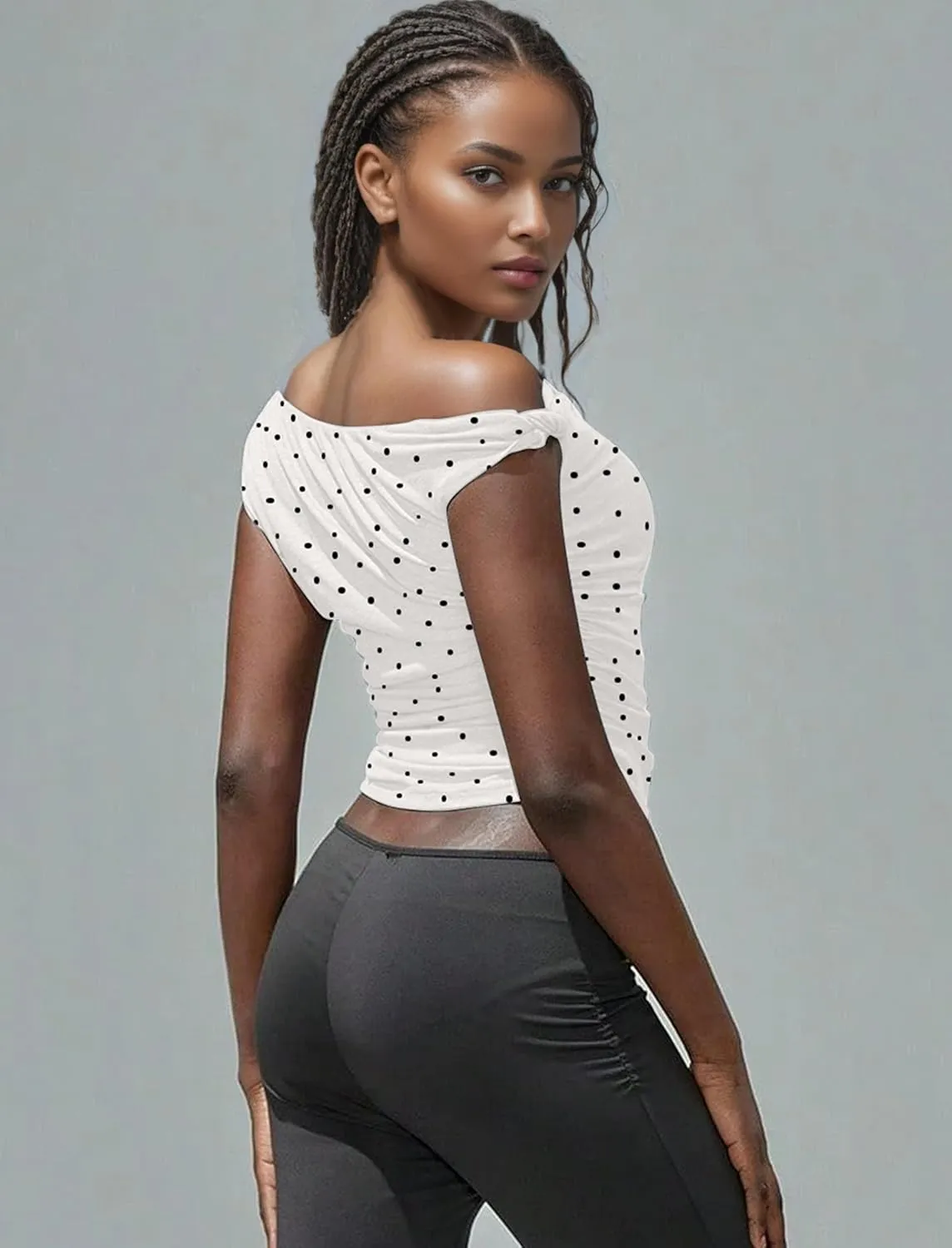 Ythomm Womens Polka Dot One Off Shoulder Crop Tank Tops Asymmetrical Neck Side Ruched Sleeveless Tops Going Out Casual Shirts
