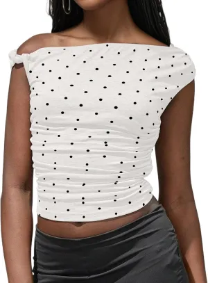 Ythomm Womens Polka Dot One Off Shoulder Crop Tank Tops Asymmetrical Neck Side Ruched Sleeveless Tops Going Out Casual Shirts
