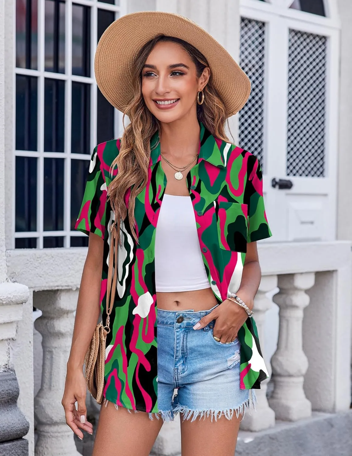 Zeagoo Womens Button Down Shirt Bust Pocket Short Sleeve Blouses Business Casual Work Tops Summer Outfits