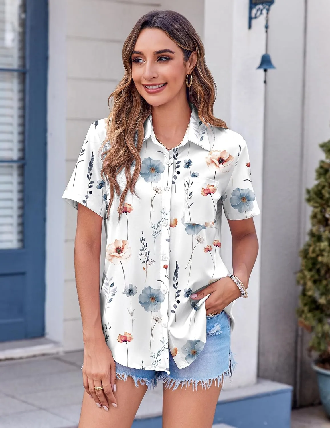 Zeagoo Womens Button Down Shirt Bust Pocket Short Sleeve Blouses Business Casual Work Tops Summer Outfits