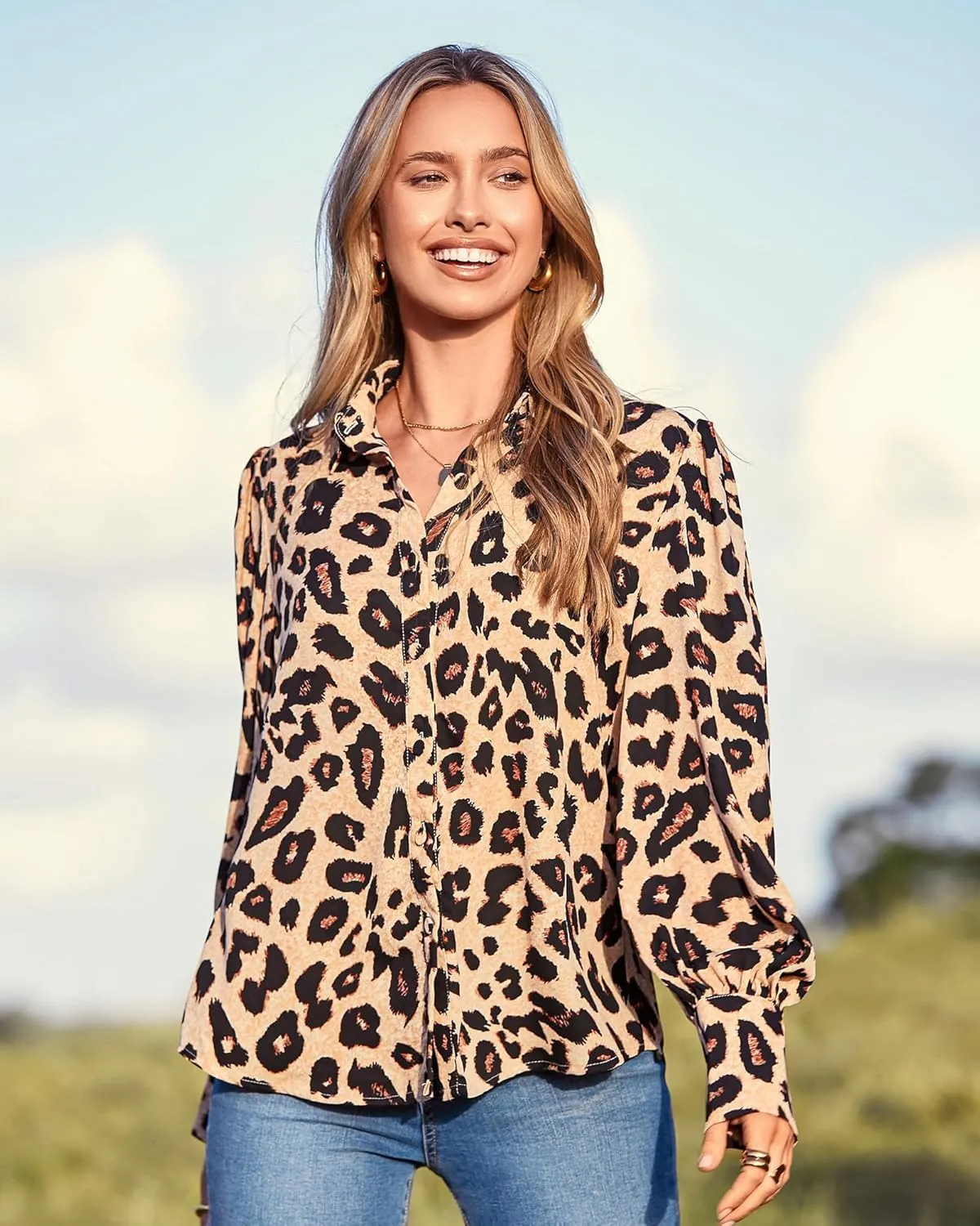 Zeagoo Womens Shirts Button Down Printed Lantern Long Sleeve Blouse Fashion Casual Tops 2025