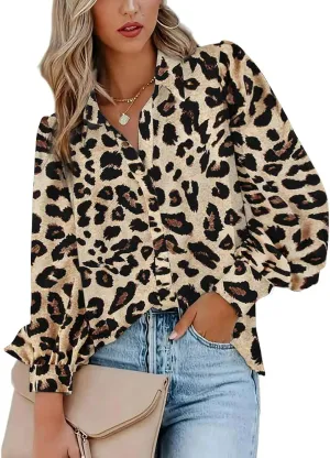 Zeagoo Womens Shirts Button Down Printed Lantern Long Sleeve Blouse Fashion Casual Tops 2025