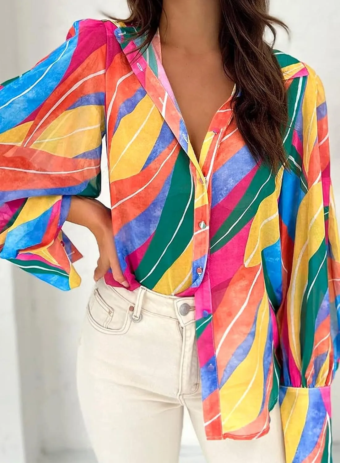Zeagoo Womens Shirts Button Down Printed Lantern Long Sleeve Blouse Fashion Casual Tops 2025