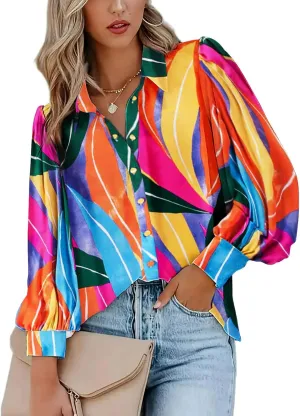 Zeagoo Womens Shirts Button Down Printed Lantern Long Sleeve Blouse Fashion Casual Tops 2025