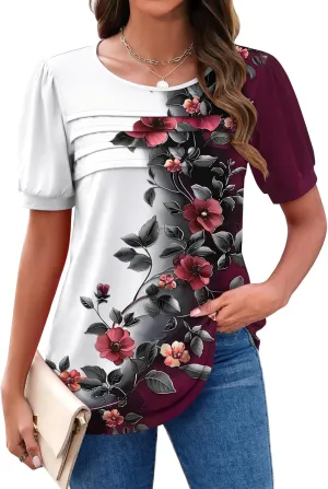 Zeagoo Womens Short Sleeve Tops Floral Boho Shirts Pleated Crewneck Summer Outfit Puff Sleeve Blouses Casual Tunic