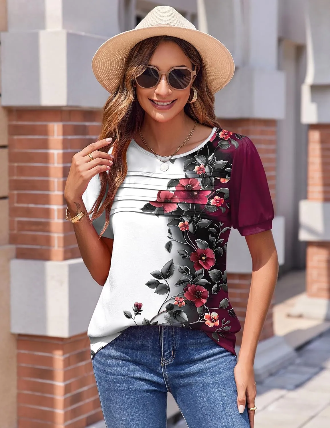 Zeagoo Womens Short Sleeve Tops Floral Boho Shirts Pleated Crewneck Summer Outfit Puff Sleeve Blouses Casual Tunic