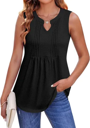 Zeagoo Womens Summer Tank Tops Pleated V Neck Floral Solid Loose Fit Tops Casual Flowy Sleeveless Tunic Shirts 2025 Clothes