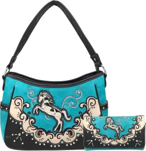 Zelris Western Mustang Horse Turquoise Conceal Carry Women Hobo Purse Wallet Set