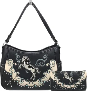 Zelris Western Mustang Horse Turquoise Conceal Carry Women Hobo Purse Wallet Set