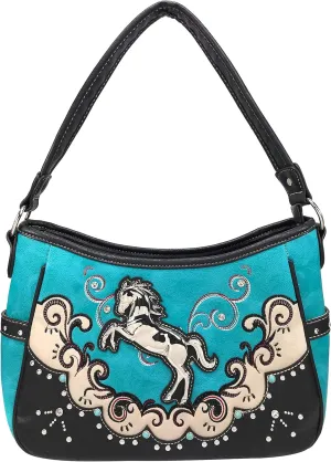 Zelris Western Mustang Horse Turquoise Embroidery Conceal Carry Women Hobo Purse
