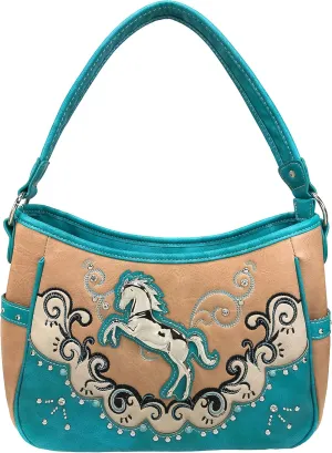 Zelris Western Mustang Horse Turquoise Embroidery Conceal Carry Women Hobo Purse