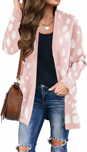 ZESICA Women's Fall Winter Long Sleeves Open Front Leopard Print Knitted Sweater Cardigan Coat Outwear