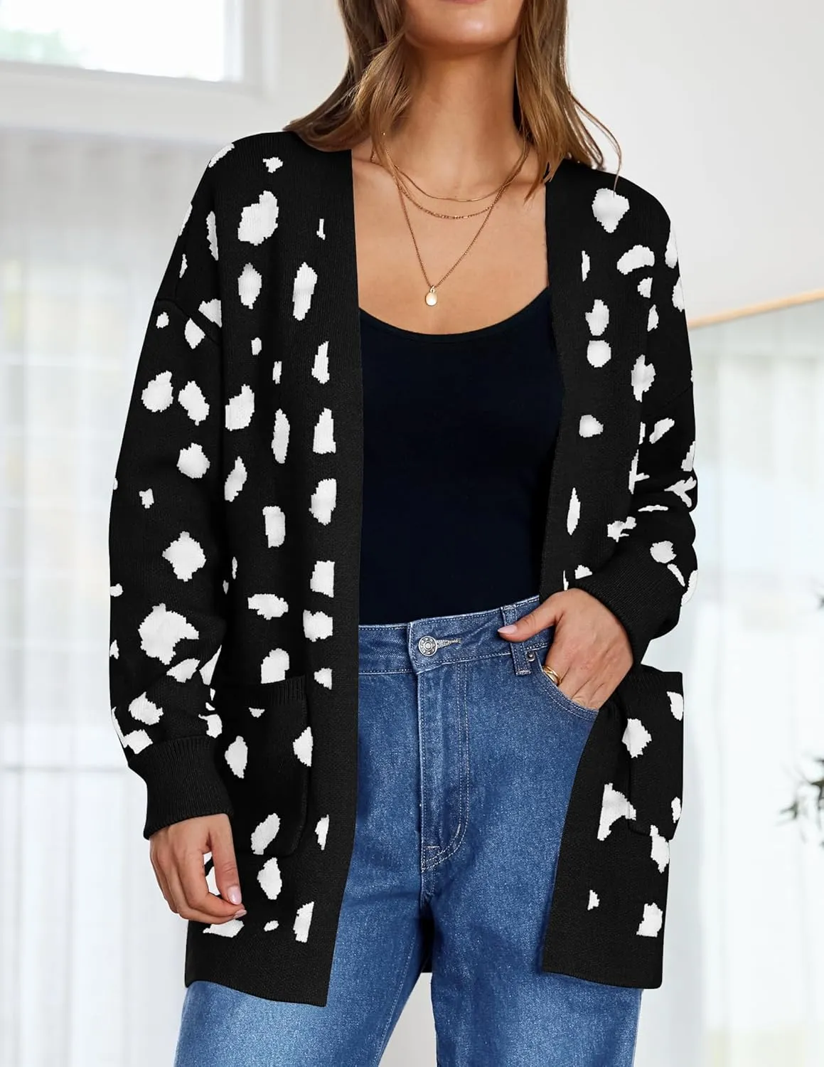 ZESICA Women's Fall Winter Long Sleeves Open Front Leopard Print Knitted Sweater Cardigan Coat Outwear
