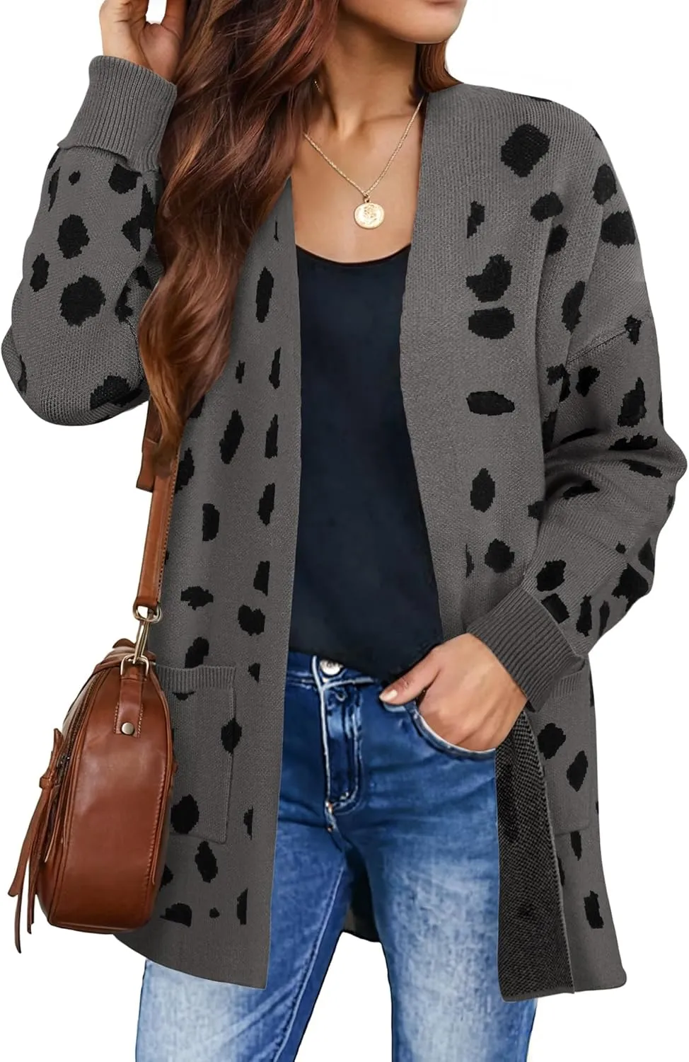 ZESICA Women's Fall Winter Long Sleeves Open Front Leopard Print Knitted Sweater Cardigan Coat Outwear