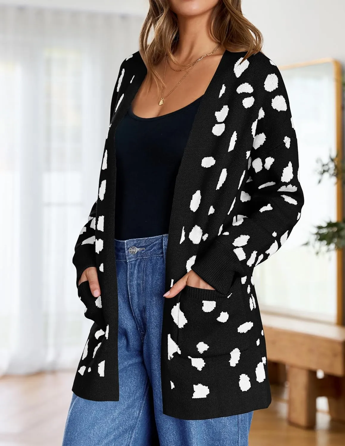 ZESICA Women's Fall Winter Long Sleeves Open Front Leopard Print Knitted Sweater Cardigan Coat Outwear