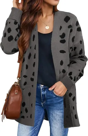 ZESICA Women's Fall Winter Long Sleeves Open Front Leopard Print Knitted Sweater Cardigan Coat Outwear