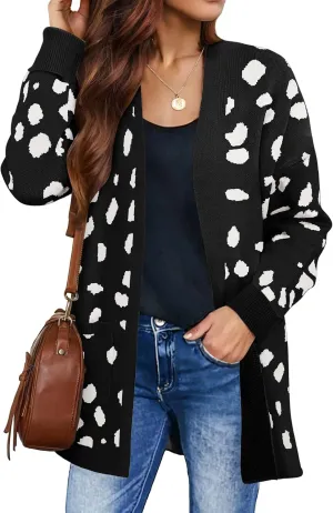 ZESICA Women's Fall Winter Long Sleeves Open Front Leopard Print Knitted Sweater Cardigan Coat Outwear