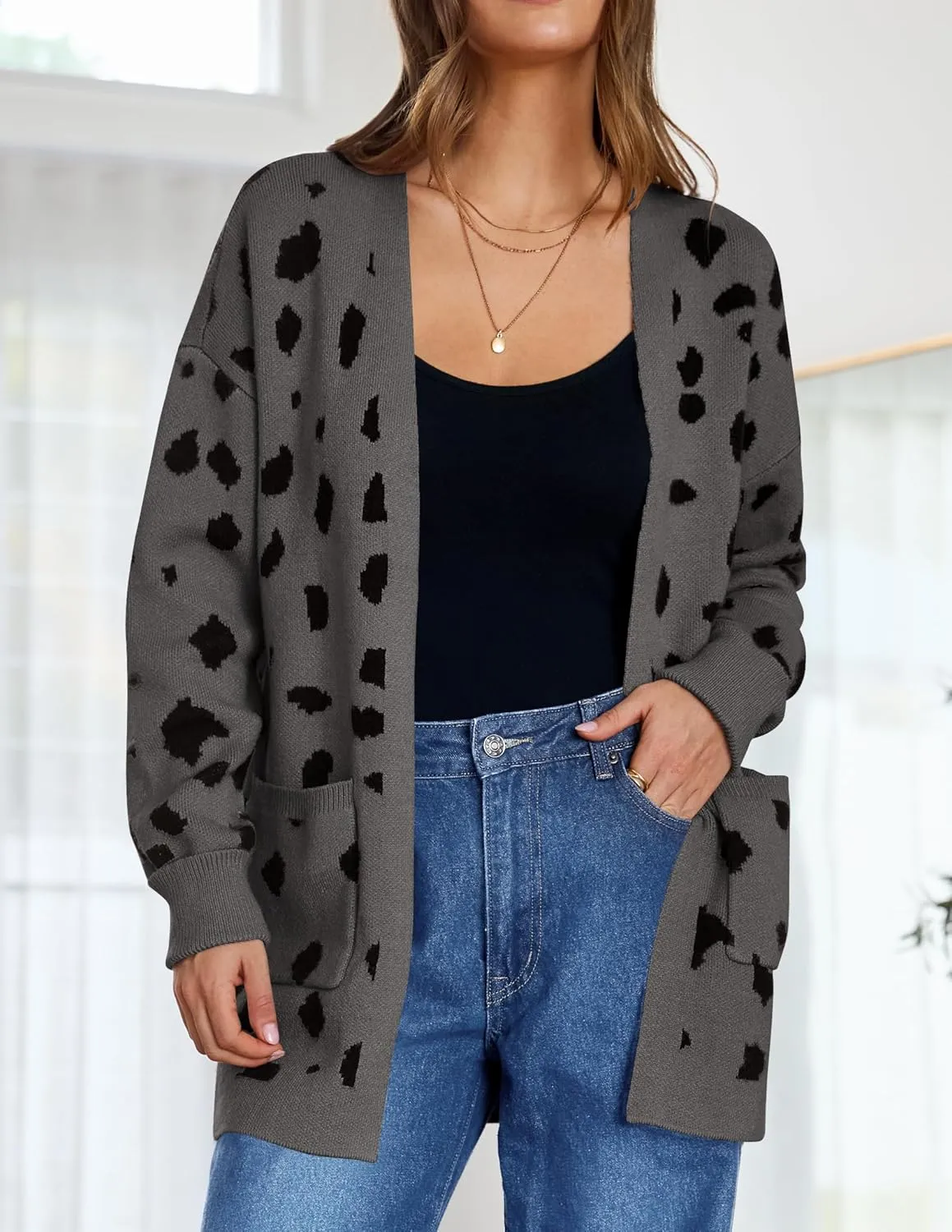 ZESICA Women's Fall Winter Long Sleeves Open Front Leopard Print Knitted Sweater Cardigan Coat Outwear