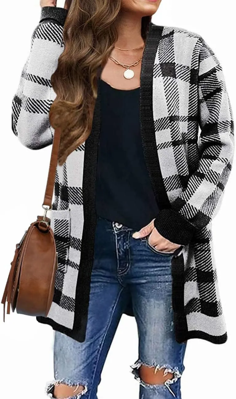 ZESICA Women's Fall Winter Long Sleeves Open Front Leopard Print Knitted Sweater Cardigan Coat Outwear