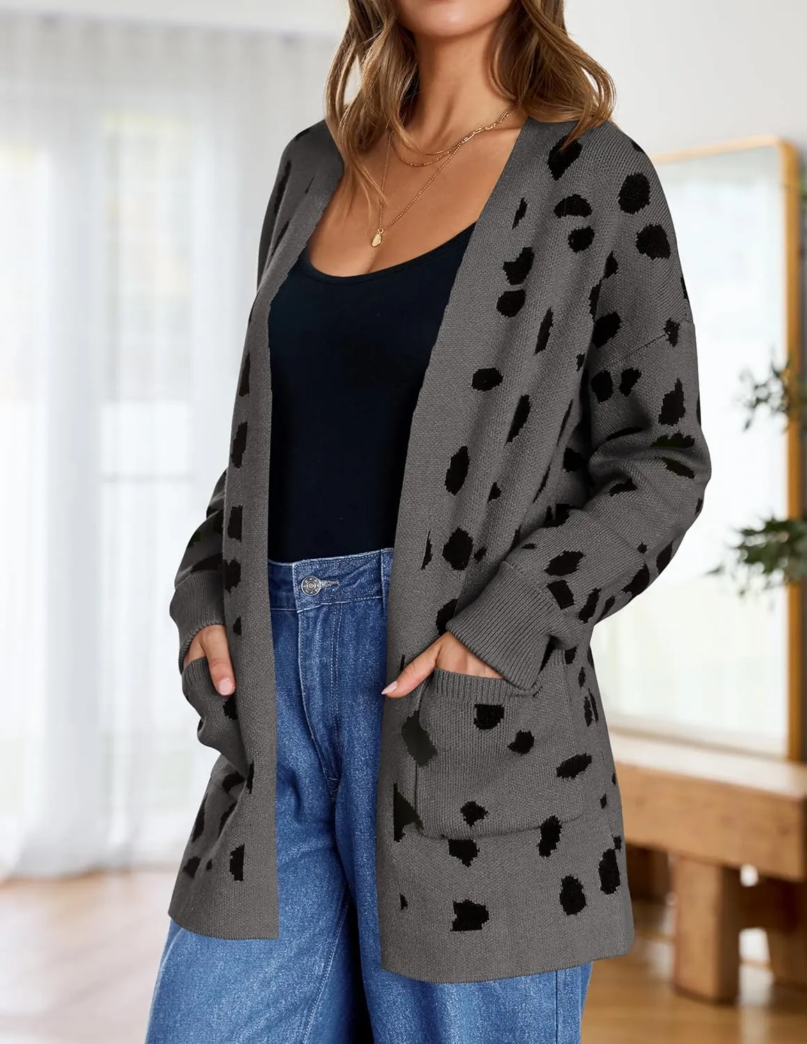 ZESICA Women's Fall Winter Long Sleeves Open Front Leopard Print Knitted Sweater Cardigan Coat Outwear