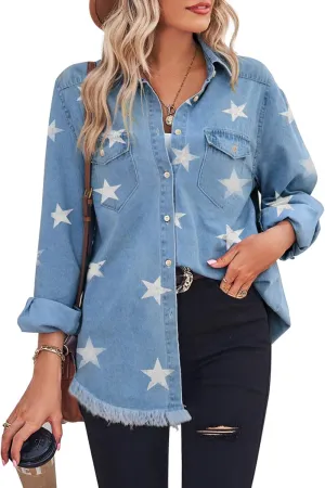 Zilcremo Women Denim Shirt Chambray Collared Jean Shirts Long Sleeve Pocket Button Down Blouses