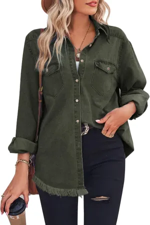 Zilcremo Women Denim Shirt Chambray Collared Jean Shirts Long Sleeve Pocket Button Down Blouses