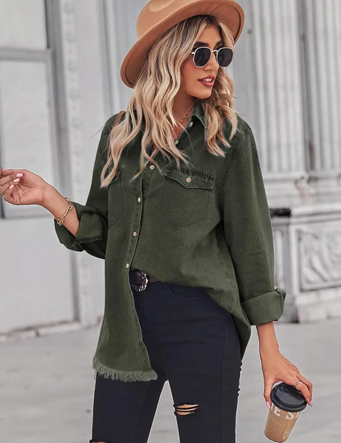 Zilcremo Women Denim Shirt Chambray Collared Jean Shirts Long Sleeve Pocket Button Down Blouses